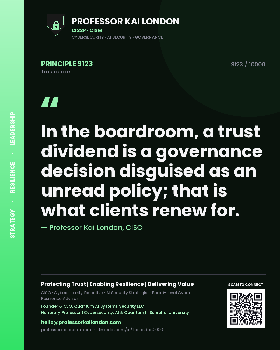 Professor Kai London principle 9123: In the boardroom, a trust dividend is a governance decision disguised as an unread policy; that is what clients renew for.