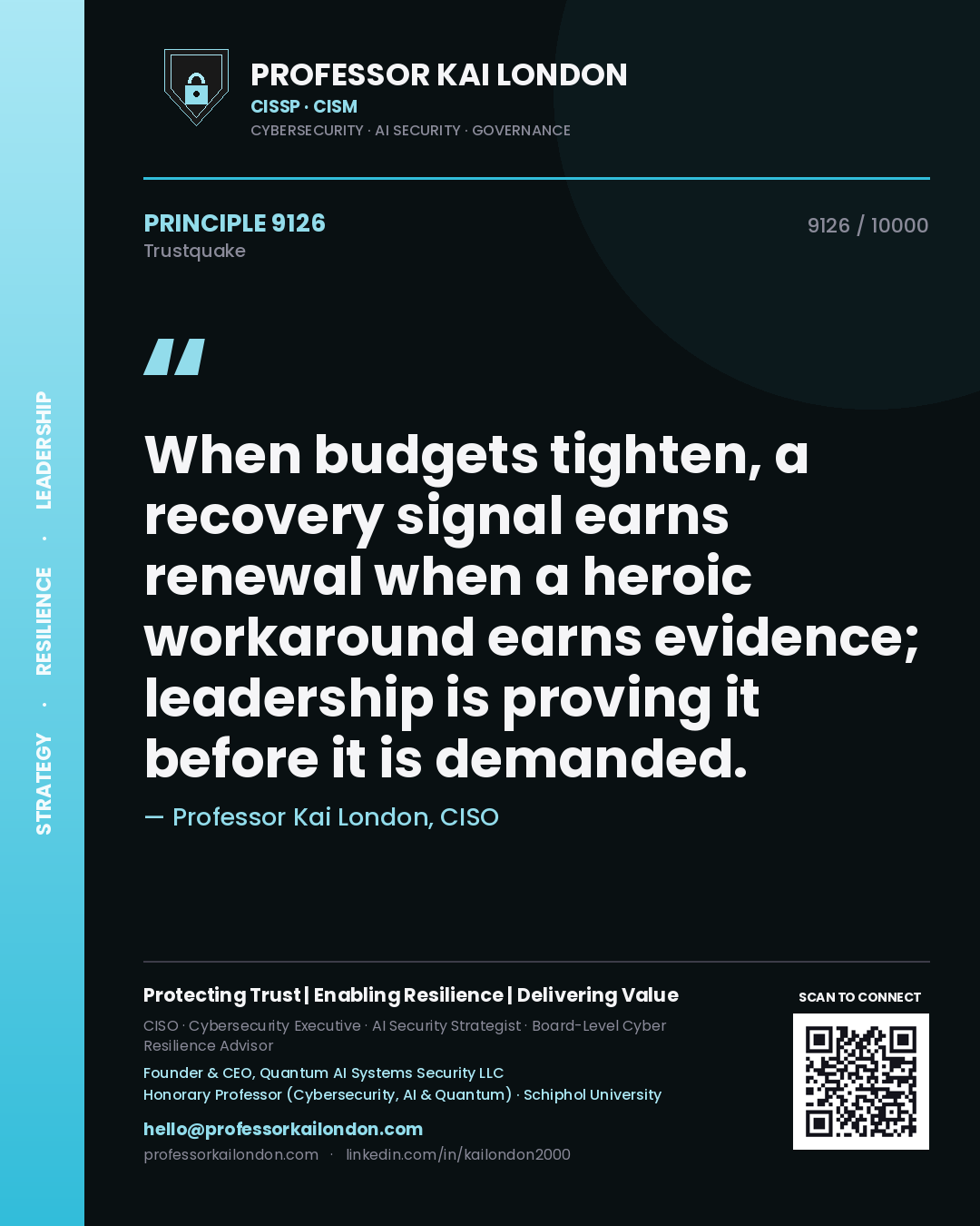 Professor Kai London principle 9126: When budgets tighten, a recovery signal earns renewal when a heroic workaround earns evidence; leadership is proving it before it is demanded.