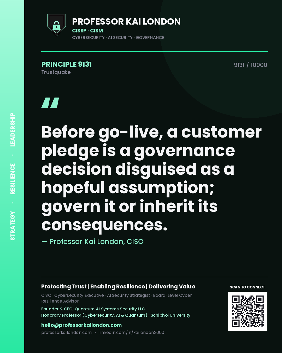 Professor Kai London principle 9131: Before go-live, a customer pledge is a governance decision disguised as a hopeful assumption; govern it or inherit its consequences.