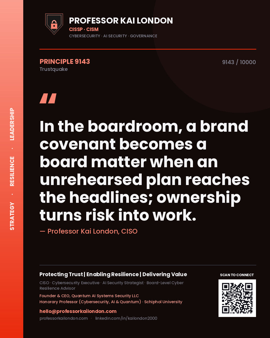 Quote card by Professor Kai London reading 'In the boardroom, a brand covenant becomes a board matter when an unrehearsed plan reaches the headlines; ownership turns risk into work.'. From the book Trustquake.