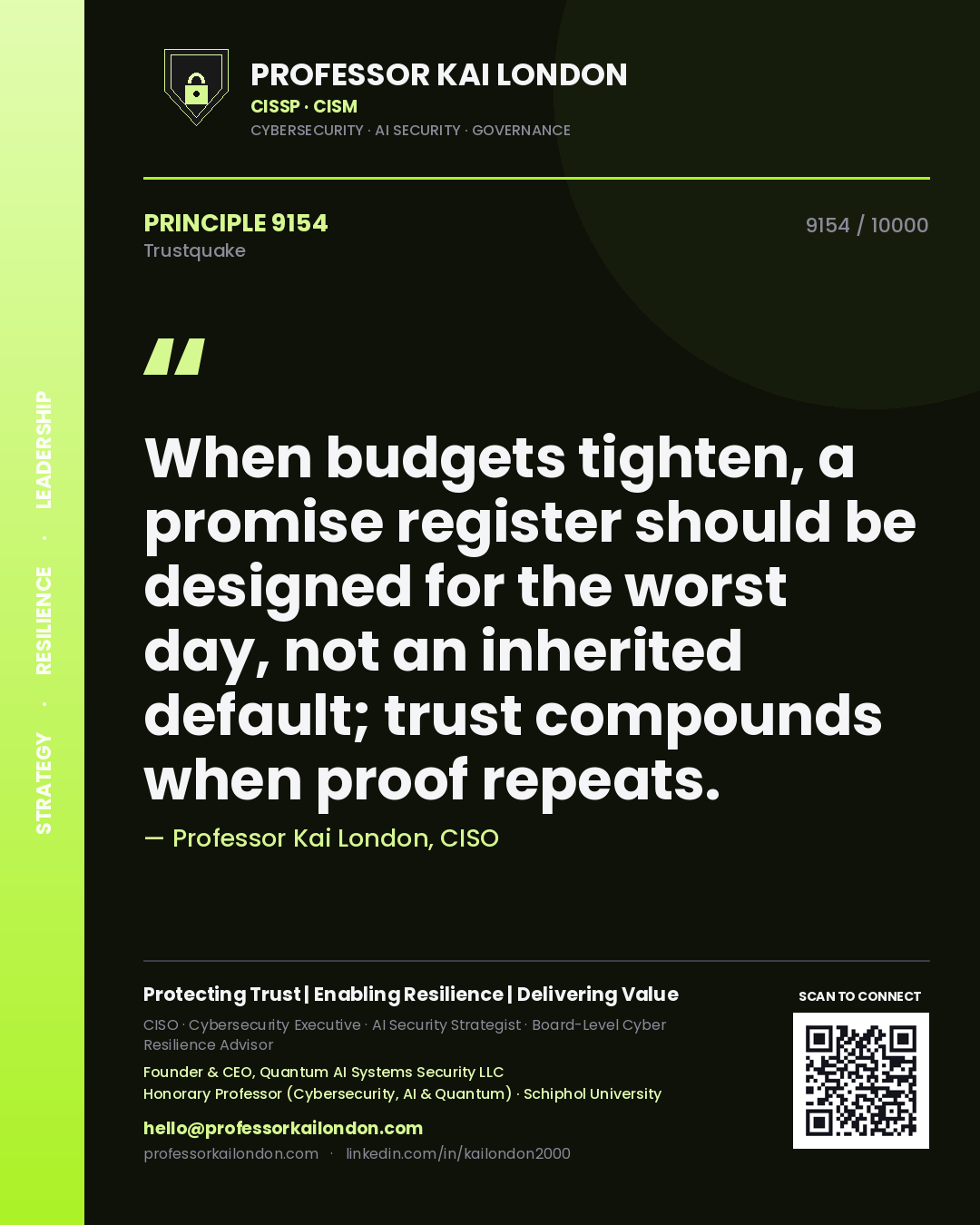 Quote card by Professor Kai London reading 'When budgets tighten, a promise register should be designed for the worst day, not an inherited default; trust compounds when proof repeats.'. From the book Trustquake.