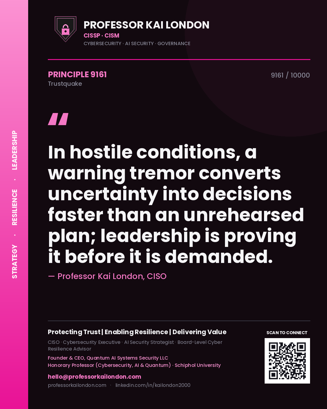 Quote card by Professor Kai London reading 'In hostile conditions, a warning tremor converts uncertainty into decisions faster than an unrehearsed plan; leadership is proving it before it is demanded.'. From the book Trustquake.