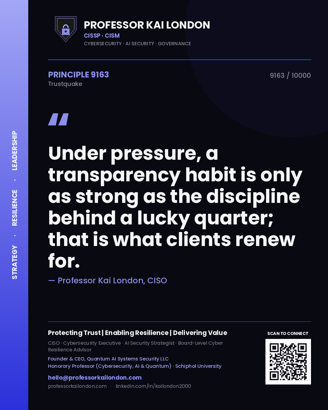 Quote card by Professor Kai London reading 'Under pressure, a transparency habit is only as strong as the discipline behind a lucky quarter; that is what clients renew for.'. From the book Trustquake.