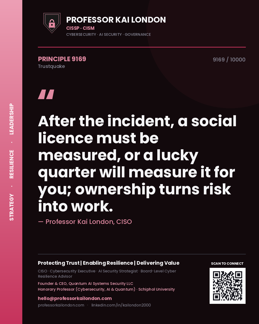 Quote card by Professor Kai London reading 'After the incident, a social licence must be measured, or a lucky quarter will measure it for you; ownership turns risk into work.'. From the book Trustquake.