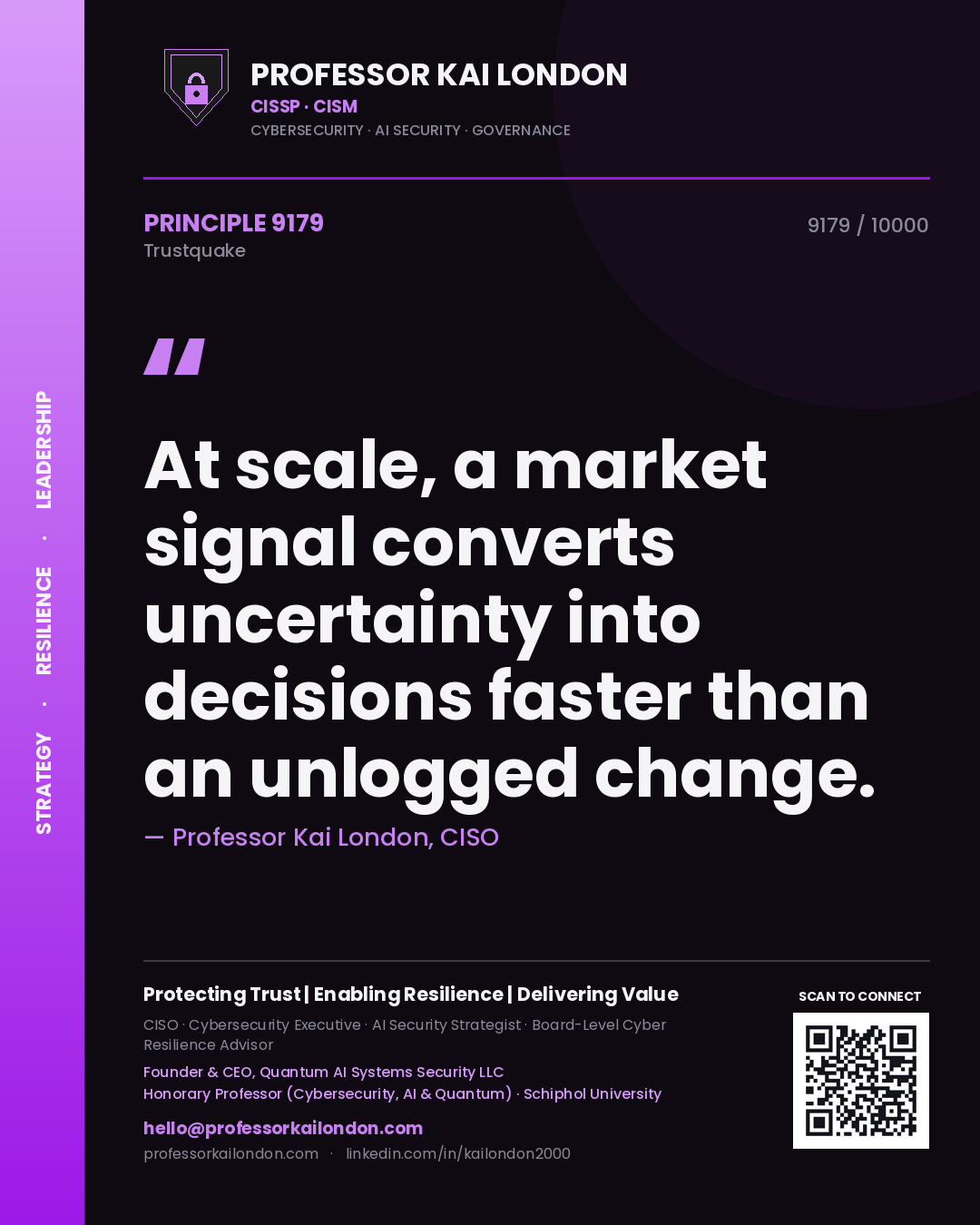 Quote card by Professor Kai London reading 'At scale, a market signal converts uncertainty into decisions faster than an unlogged change.'. From the book Trustquake.