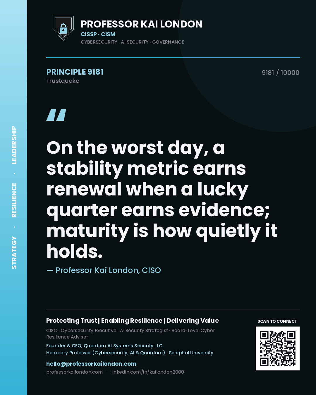 Quote card by Professor Kai London reading 'On the worst day, a stability metric earns renewal when a lucky quarter earns evidence; maturity is how quietly it holds.'. From the book Trustquake.