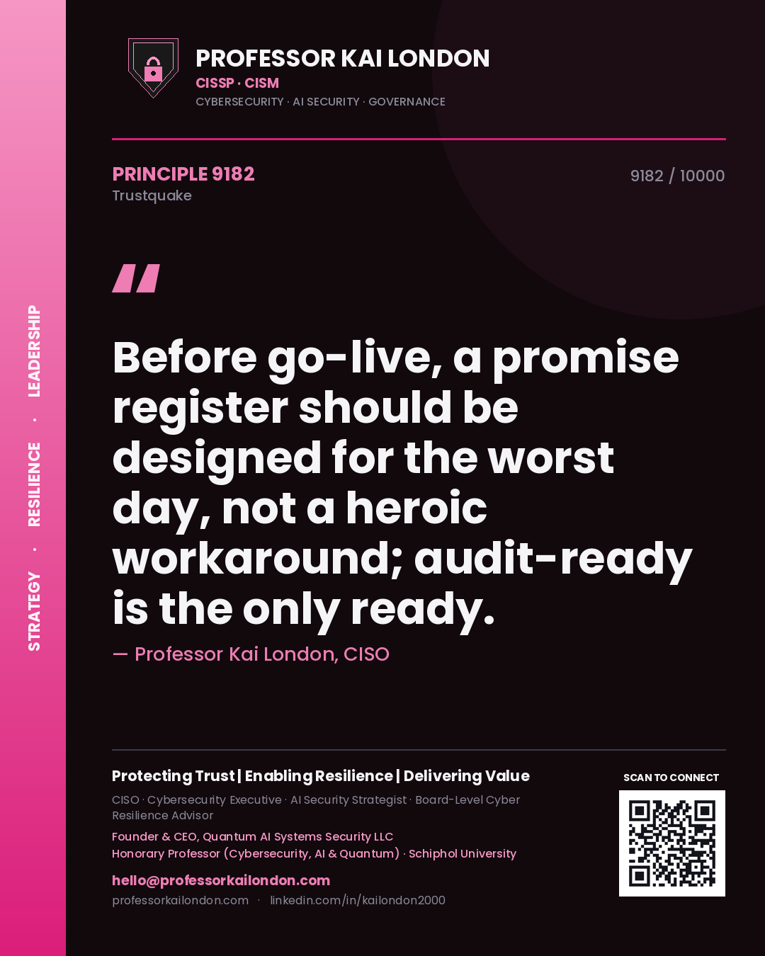 Quote card by Professor Kai London reading 'Before go-live, a promise register should be designed for the worst day, not a heroic workaround; audit-ready is the only ready.'. From the book Trustquake.
