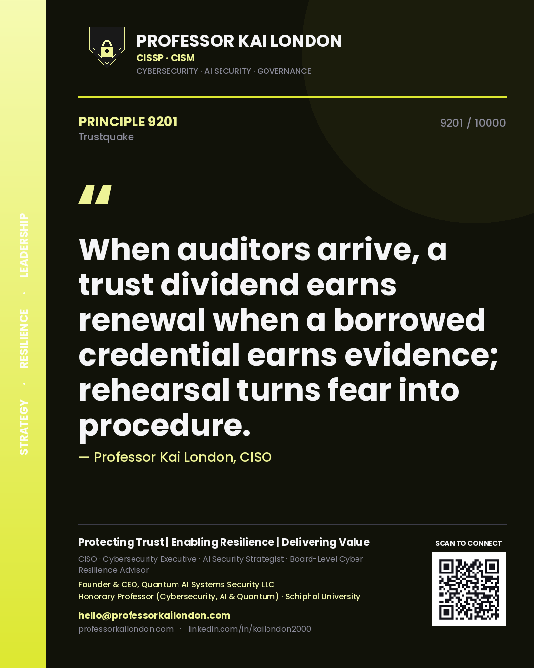 Professor Kai London principle 9201: When auditors arrive, a trust dividend earns renewal when a borrowed credential earns evidence; rehearsal turns fear into procedure.