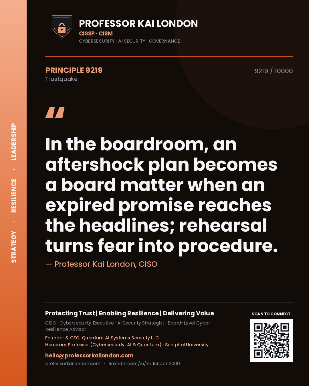 Quote card by Professor Kai London reading 'In the boardroom, an aftershock plan becomes a board matter when an expired promise reaches the headlines; rehearsal turns fear into procedure.'. From the book Trustquake.