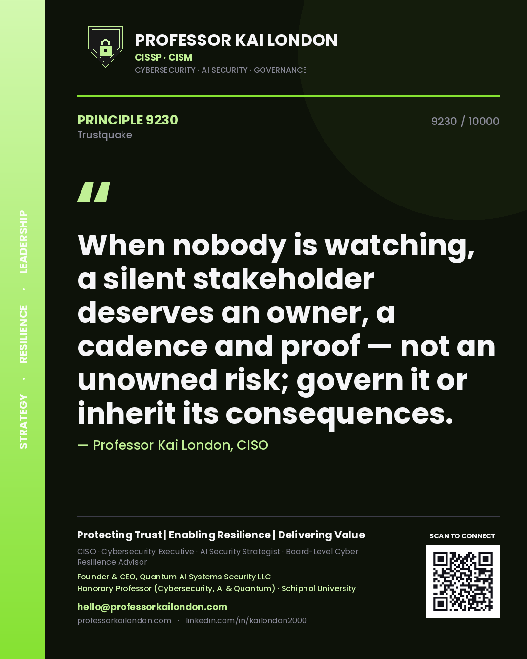 Quote card by Professor Kai London reading 'When nobody is watching, a silent stakeholder deserves an owner, a cadence and proof — not an unowned risk; govern it or inherit its consequences.'. From the book Trustquake.
