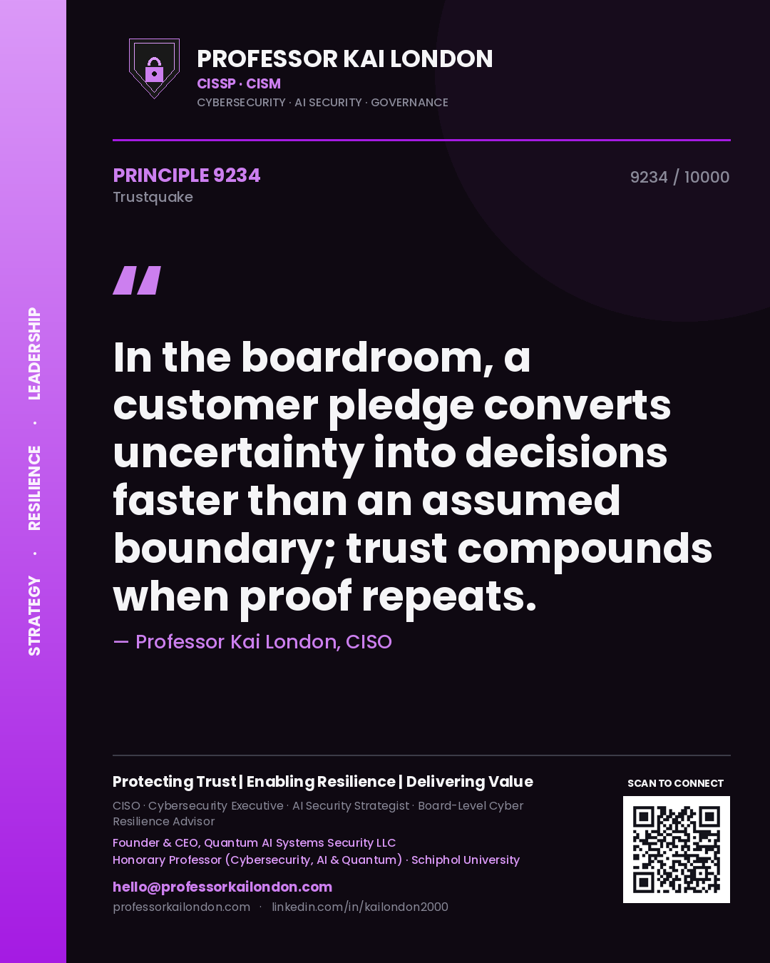 Professor Kai London principle 9234: In the boardroom, a customer pledge converts uncertainty into decisions faster than an assumed boundary; trust compounds when proof repeats.
