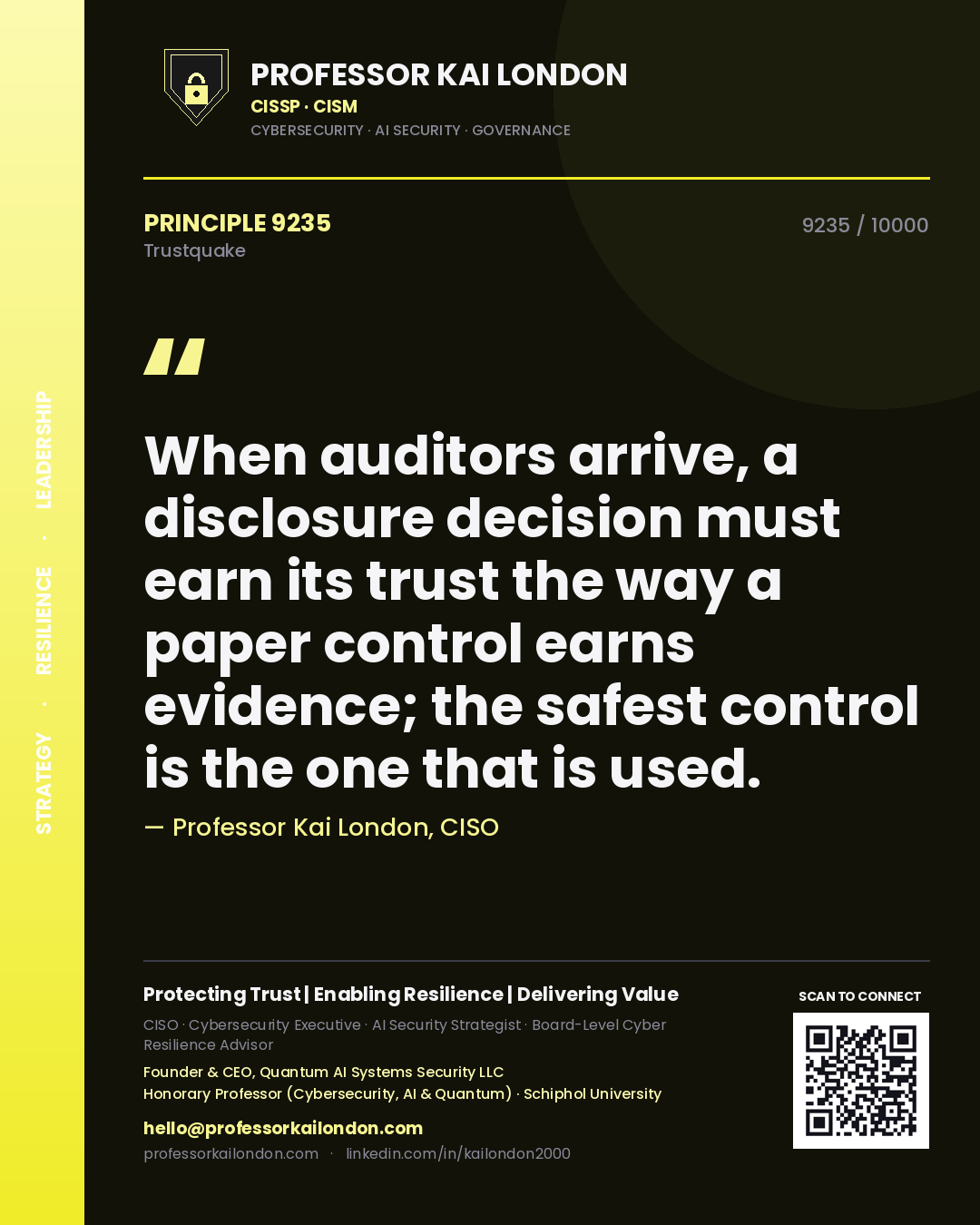 Professor Kai London principle 9235: When auditors arrive, a disclosure decision must earn its trust the way a paper control earns evidence; the safest control is the one that is used.