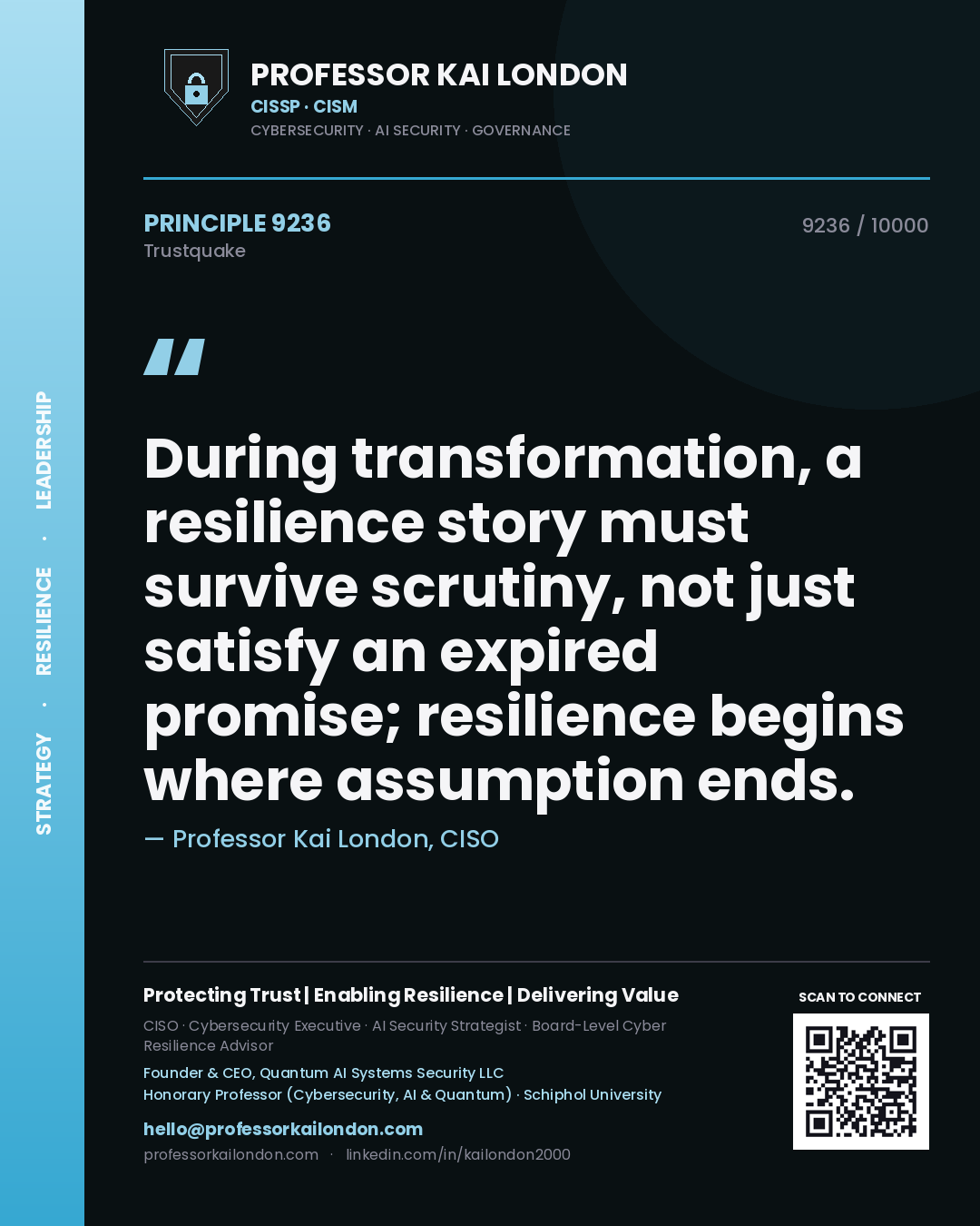 Professor Kai London principle 9236: During transformation, a resilience story must survive scrutiny, not just satisfy an expired promise; resilience begins where assumption ends.