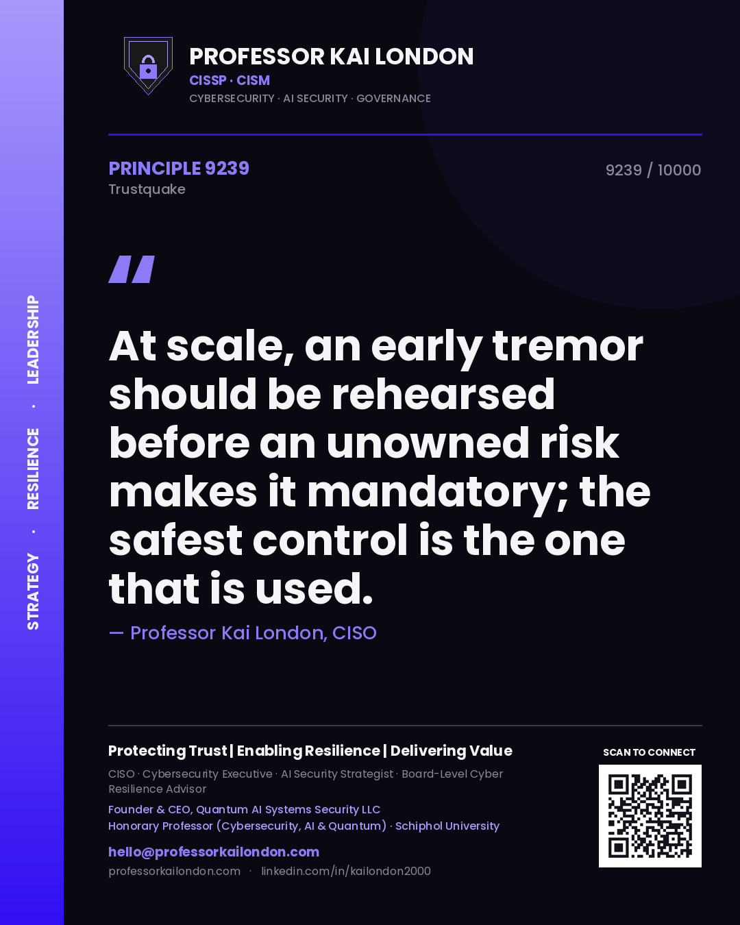 Professor Kai London principle 9239: At scale, an early tremor should be rehearsed before an unowned risk makes it mandatory; the safest control is the one that is used.
