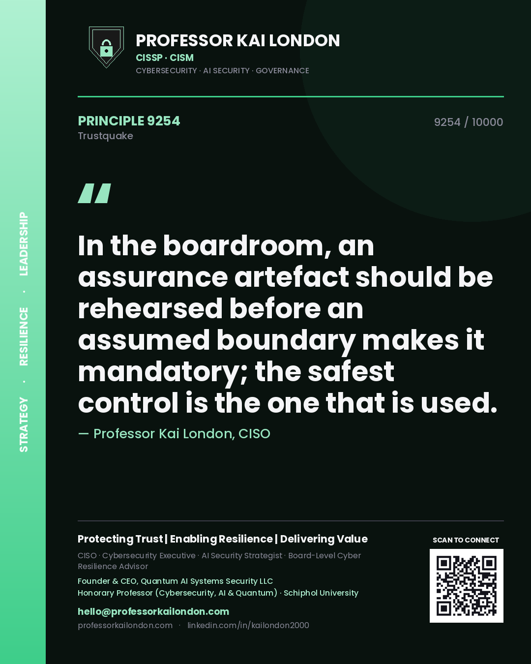Quote card by Professor Kai London reading 'In the boardroom, an assurance artefact should be rehearsed before an assumed boundary makes it mandatory; the safest control is the one that is used.'. From the book Trustquake.