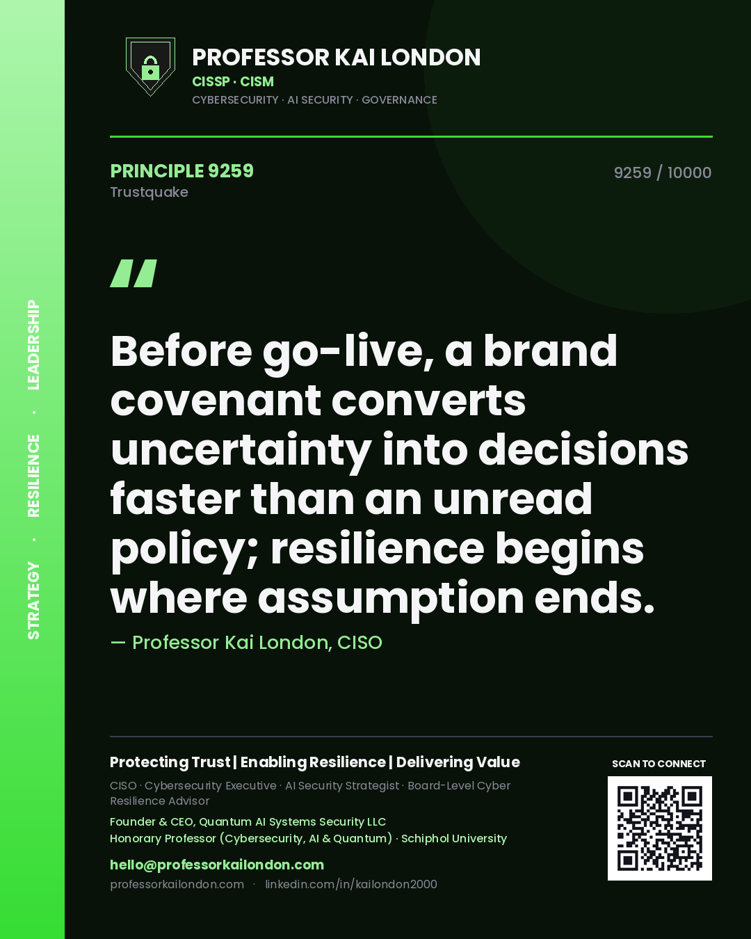 Professor Kai London principle 9259: Before go-live, a brand covenant converts uncertainty into decisions faster than an unread policy; resilience begins where assumption ends.