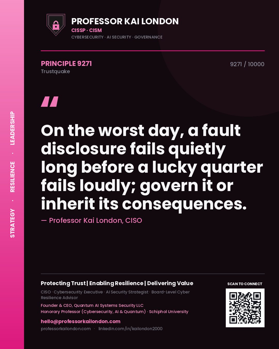 Quote card by Professor Kai London reading 'On the worst day, a fault disclosure fails quietly long before a lucky quarter fails loudly; govern it or inherit its consequences.'. From the book Trustquake.