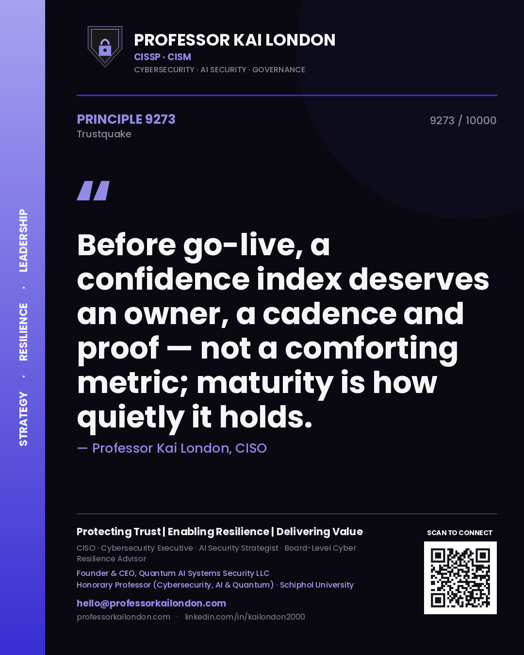Quote card by Professor Kai London reading 'Before go-live, a confidence index deserves an owner, a cadence and proof — not a comforting metric; maturity is how quietly it holds.'. From the book Trustquake.