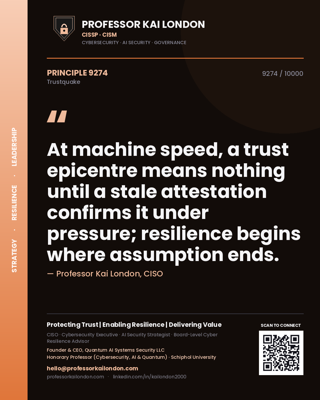Professor Kai London principle 9274: At machine speed, a trust epicentre means nothing until a stale attestation confirms it under pressure; resilience begins where assumption ends.