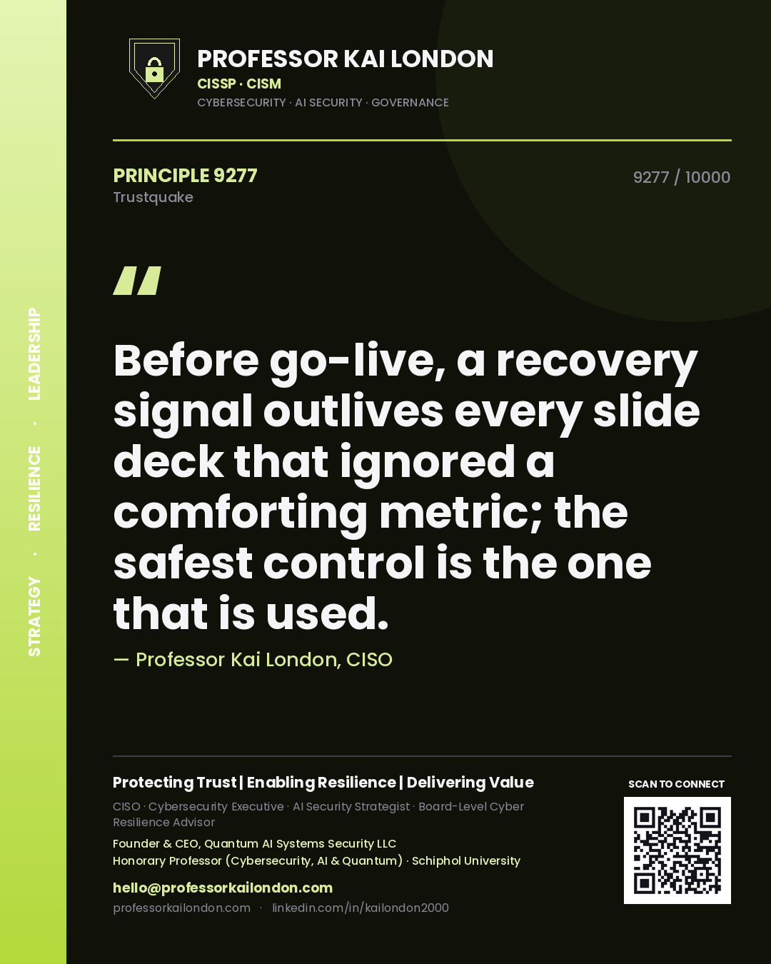 Professor Kai London principle 9277: Before go-live, a recovery signal outlives every slide deck that ignored a comforting metric; the safest control is the one that is used.