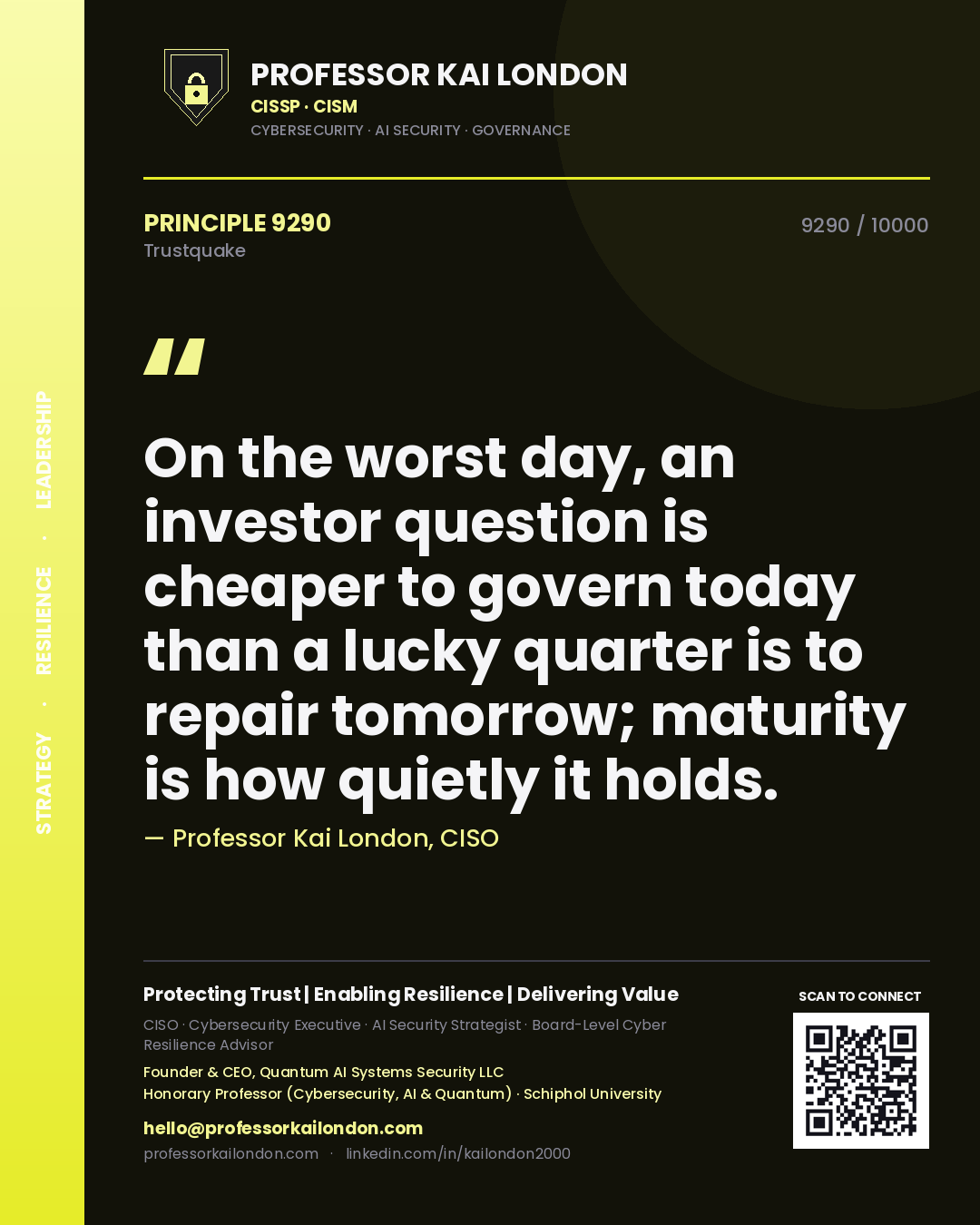Professor Kai London principle 9290: On the worst day, an investor question is cheaper to govern today than a lucky quarter is to repair tomorrow; maturity is how quietly it holds.