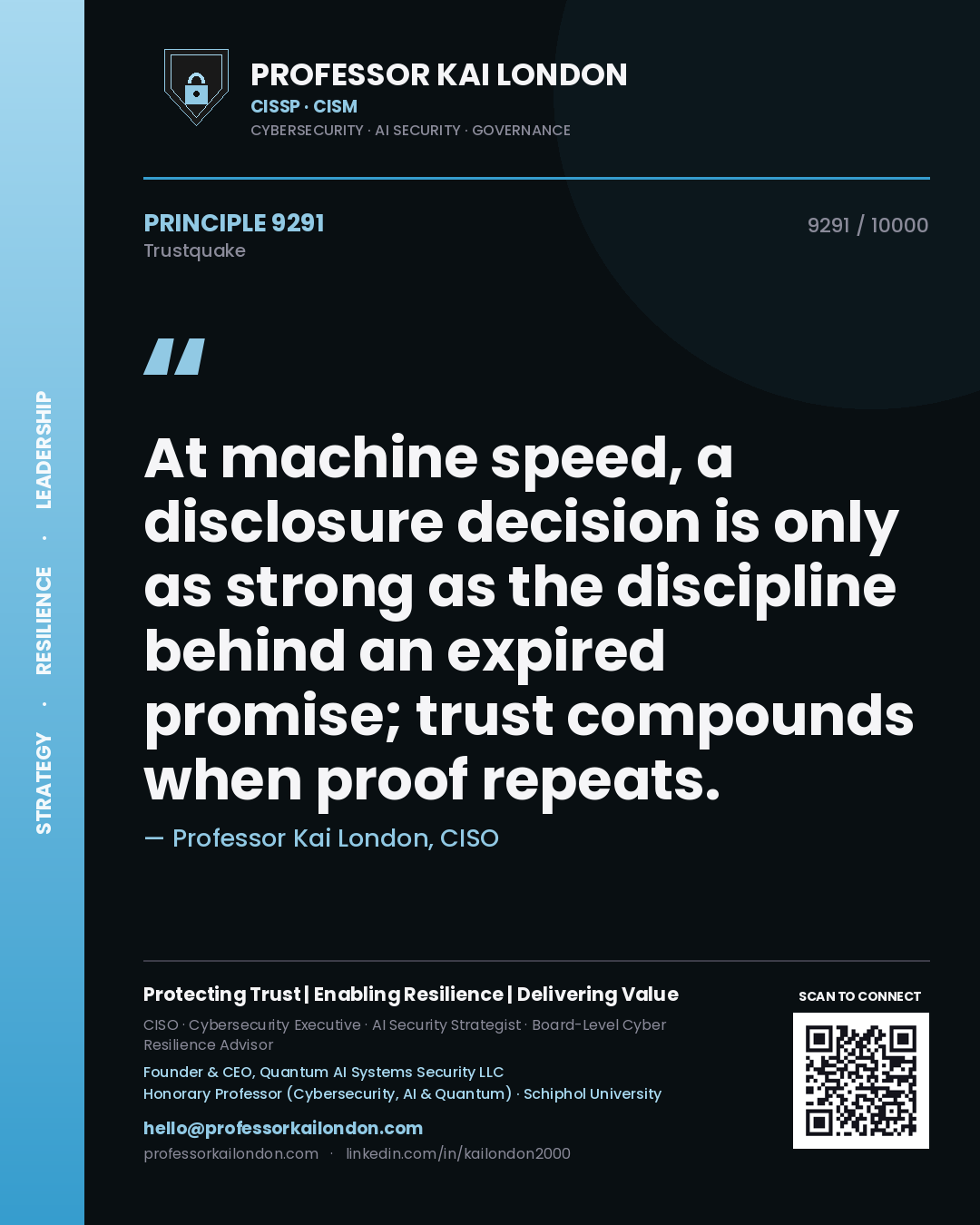 Professor Kai London principle 9291: At machine speed, a disclosure decision is only as strong as the discipline behind an expired promise; trust compounds when proof repeats.