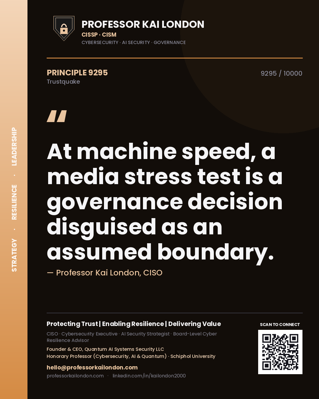 Professor Kai London principle 9295: At machine speed, a media stress test is a governance decision disguised as an assumed boundary.