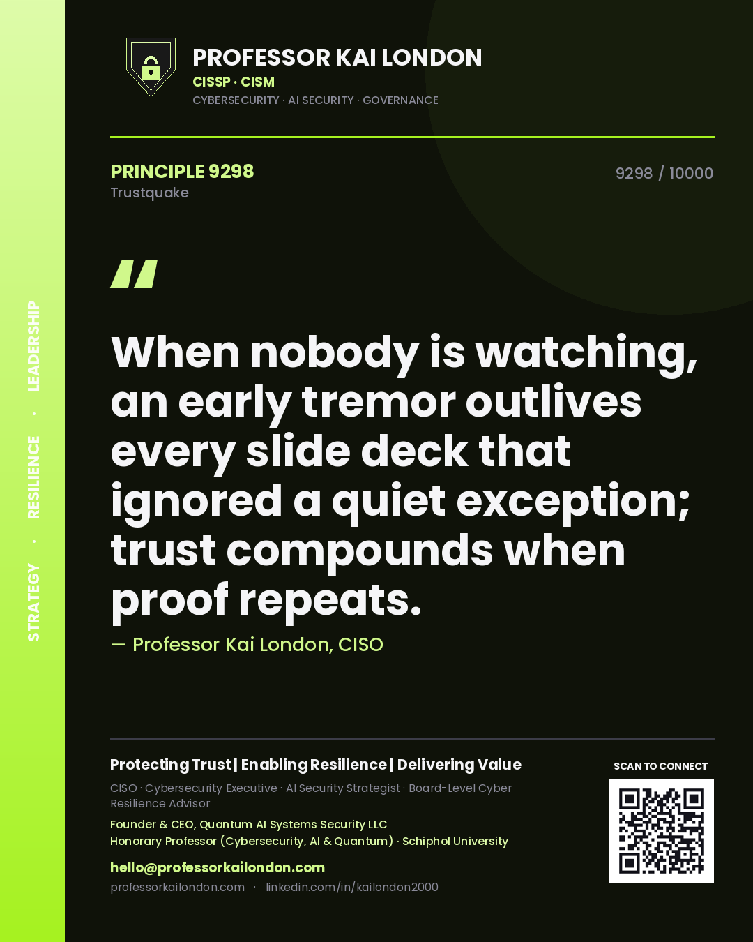 Professor Kai London principle 9298: When nobody is watching, an early tremor outlives every slide deck that ignored a quiet exception; trust compounds when proof repeats.