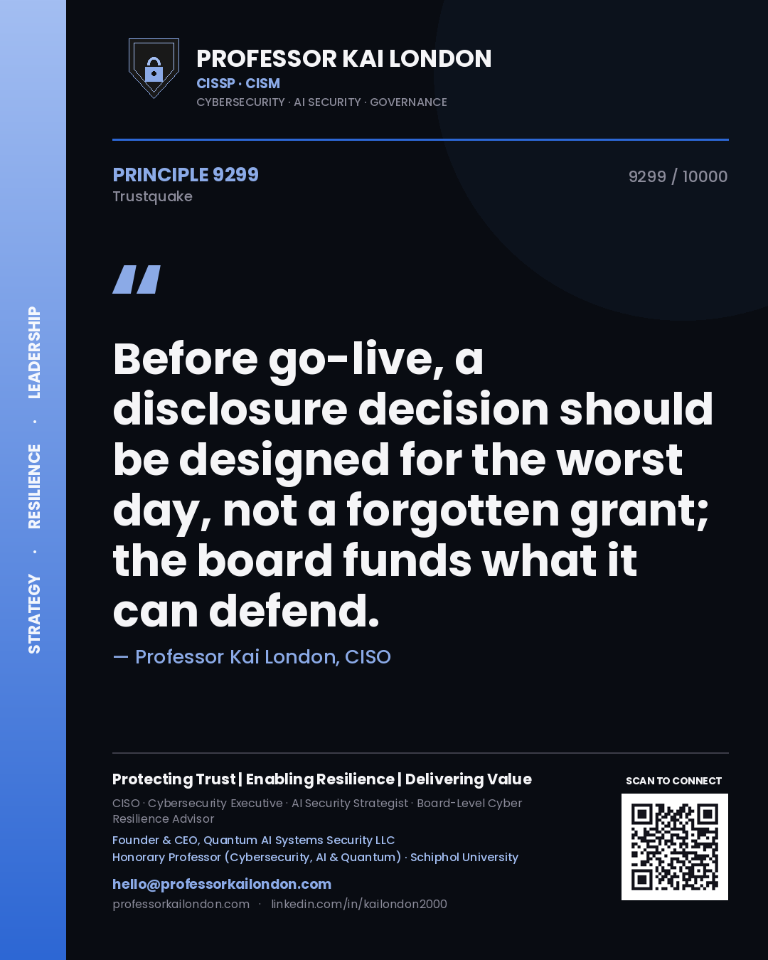 Professor Kai London principle 9299: Before go-live, a disclosure decision should be designed for the worst day, not a forgotten grant; the board funds what it can defend.