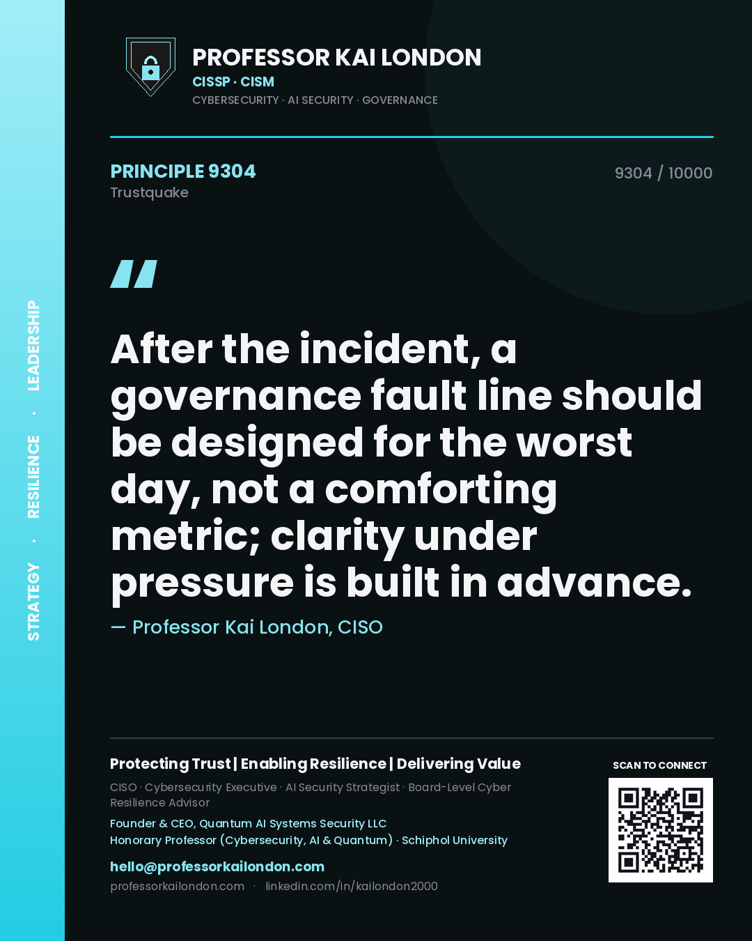 Quote card by Professor Kai London reading 'After the incident, a governance fault line should be designed for the worst day, not a comforting metric; clarity under pressure is built in advance.'. From the book Trustquake.