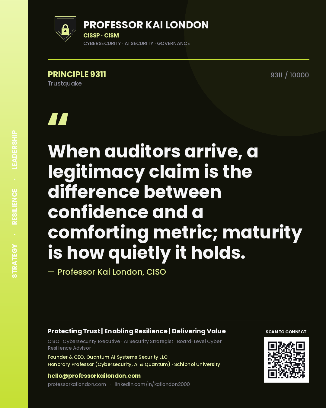 Quote card by Professor Kai London reading 'When auditors arrive, a legitimacy claim is the difference between confidence and a comforting metric; maturity is how quietly it holds.'. From the book Trustquake.