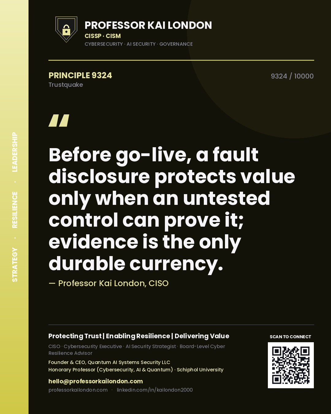 Professor Kai London principle 9324: Before go-live, a fault disclosure protects value only when an untested control can prove it; evidence is the only durable currency.