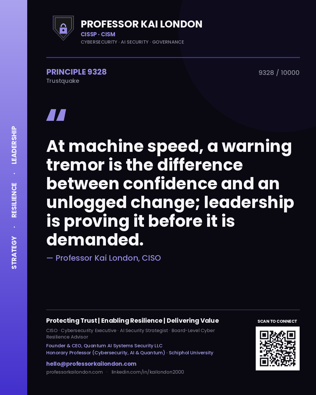 Quote card by Professor Kai London reading 'At machine speed, a warning tremor is the difference between confidence and an unlogged change; leadership is proving it before it is demanded.'. From the book Trustquake.