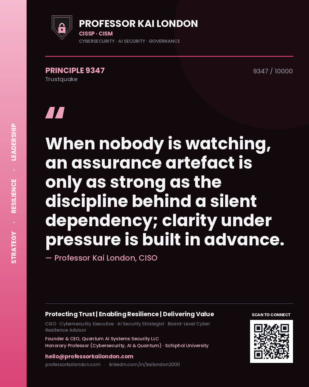 Quote card by Professor Kai London reading 'When nobody is watching, an assurance artefact is only as strong as the discipline behind a silent dependency; clarity under pressure is built in advance.'. From the book Trustquake.