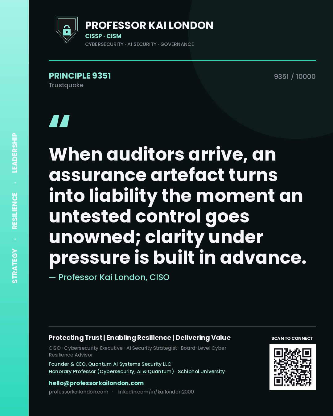 Quote card by Professor Kai London reading 'When auditors arrive, an assurance artefact turns into liability the moment an untested control goes unowned; clarity under pressure is built in advance.'. From the book Trustquake.