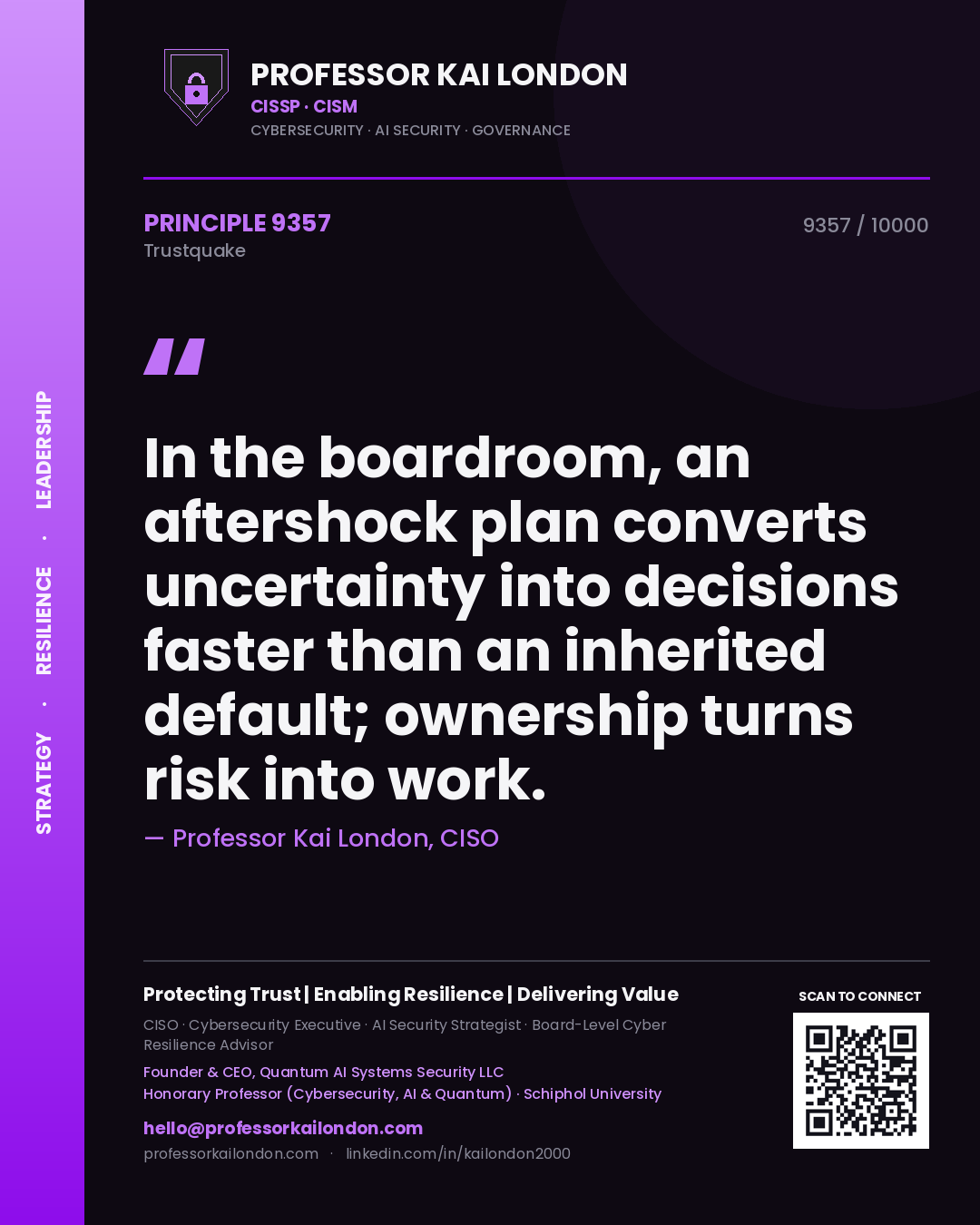 Quote card by Professor Kai London reading 'In the boardroom, an aftershock plan converts uncertainty into decisions faster than an inherited default; ownership turns risk into work.'. From the book Trustquake.