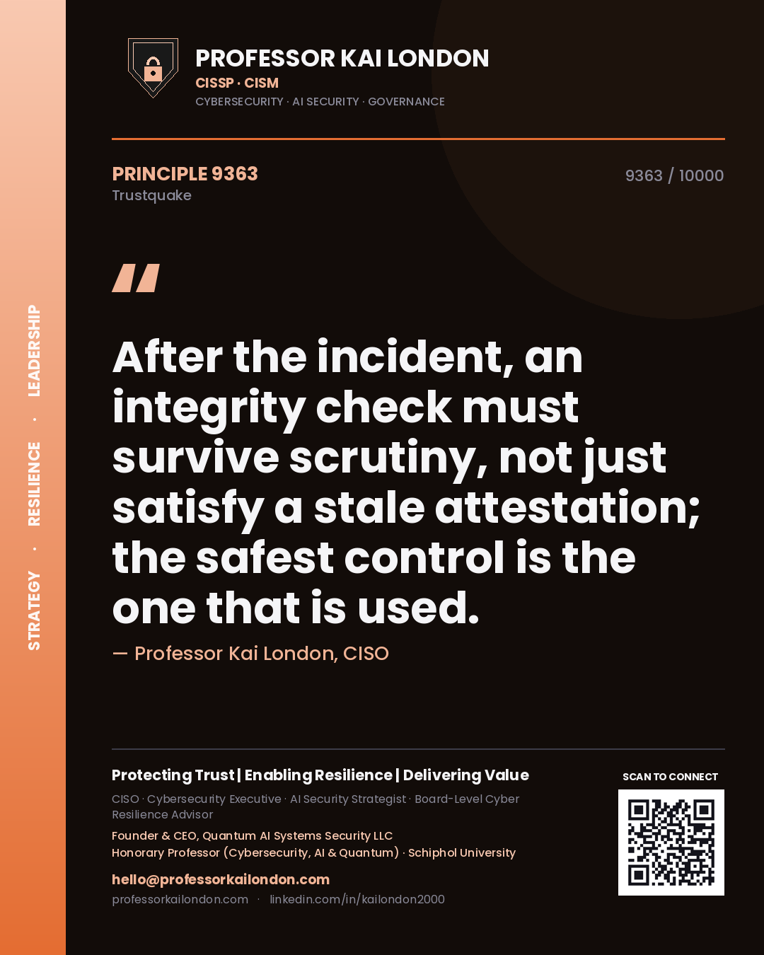 Professor Kai London principle 9363: After the incident, an integrity check must survive scrutiny, not just satisfy a stale attestation; the safest control is the one that is used.