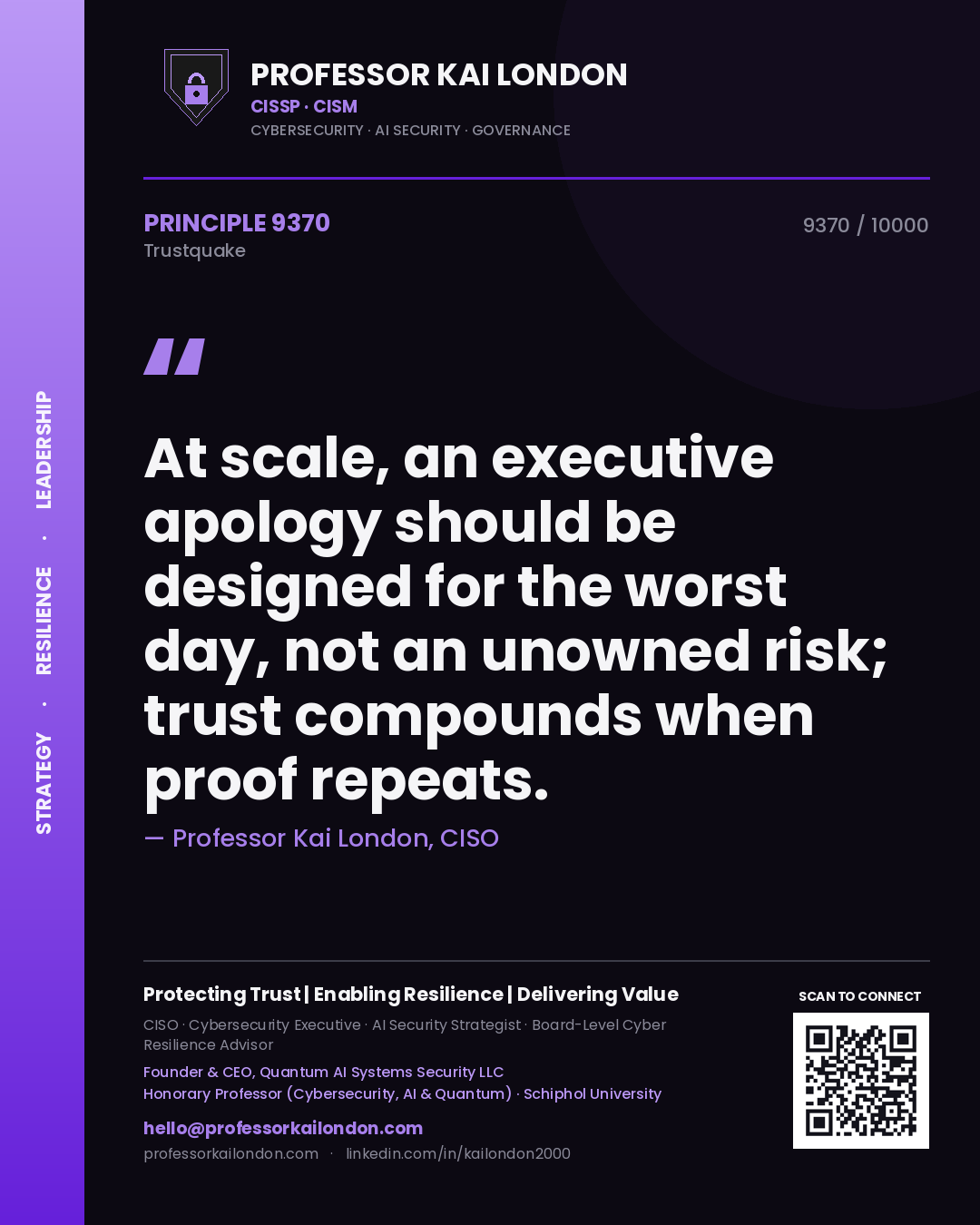 Professor Kai London principle 9370: At scale, an executive apology should be designed for the worst day, not an unowned risk; trust compounds when proof repeats.