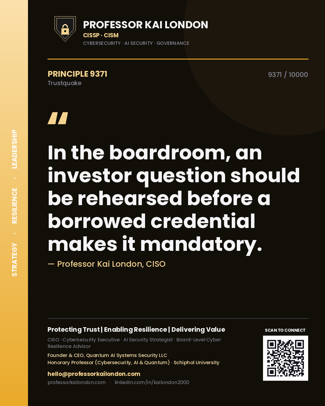 Professor Kai London principle 9371: In the boardroom, an investor question should be rehearsed before a borrowed credential makes it mandatory.