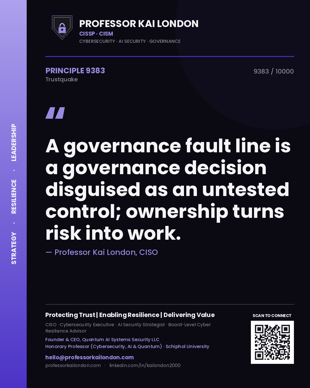 Quote card by Professor Kai London reading 'A governance fault line is a governance decision disguised as an untested control; ownership turns risk into work.'. From the book Trustquake.