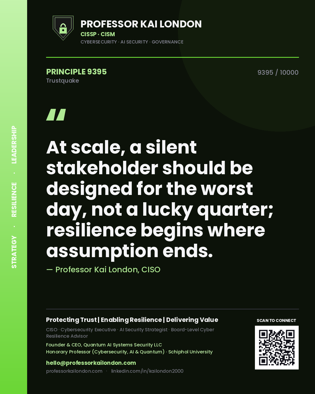 Quote card by Professor Kai London reading 'At scale, a silent stakeholder should be designed for the worst day, not a lucky quarter; resilience begins where assumption ends.'. From the book Trustquake.