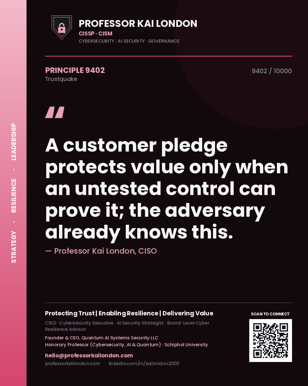 Quote card by Professor Kai London reading 'A customer pledge protects value only when an untested control can prove it; the adversary already knows this.'. From the book Trustquake.