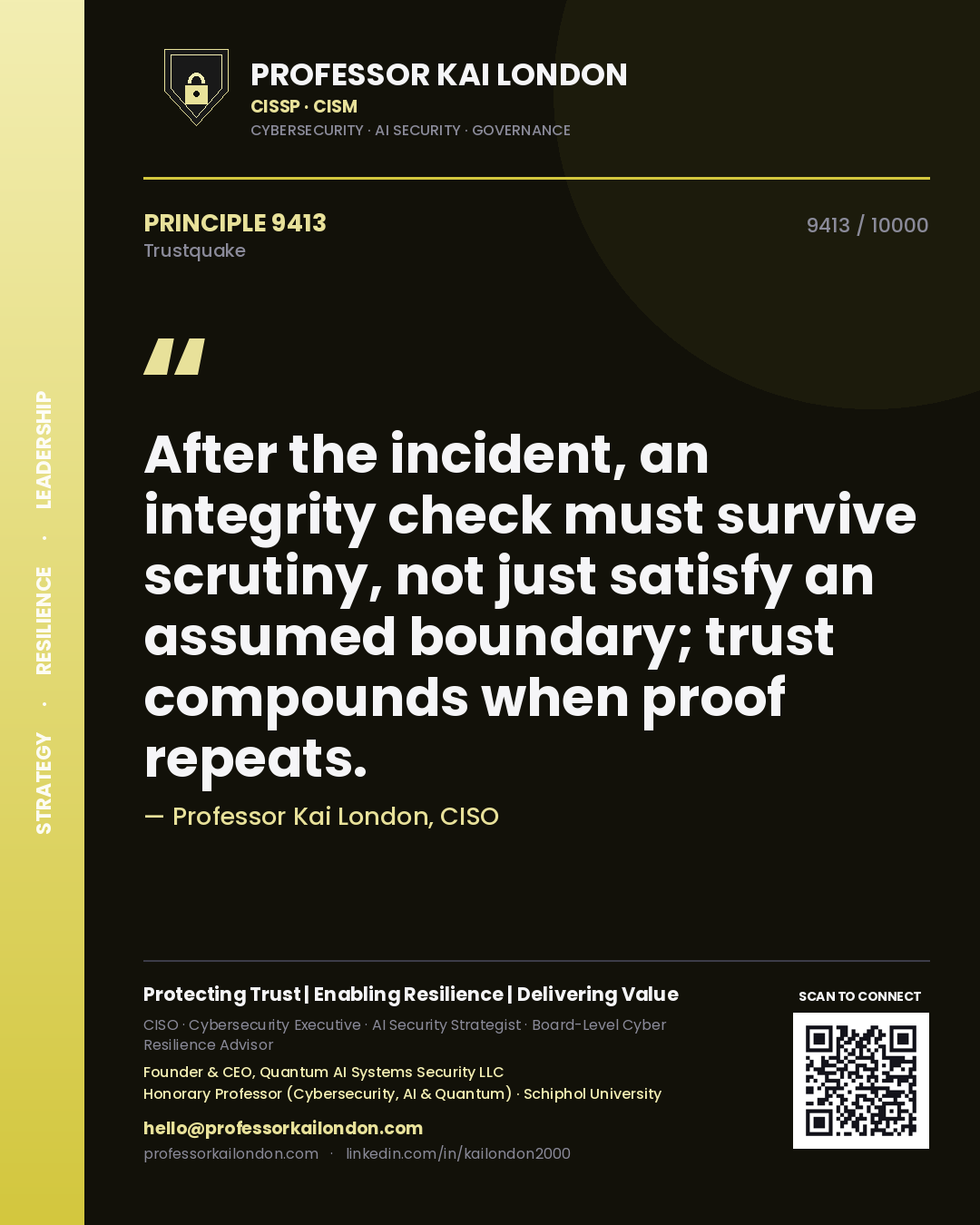 Quote card by Professor Kai London reading 'After the incident, an integrity check must survive scrutiny, not just satisfy an assumed boundary; trust compounds when proof repeats.'. From the book Trustquake.