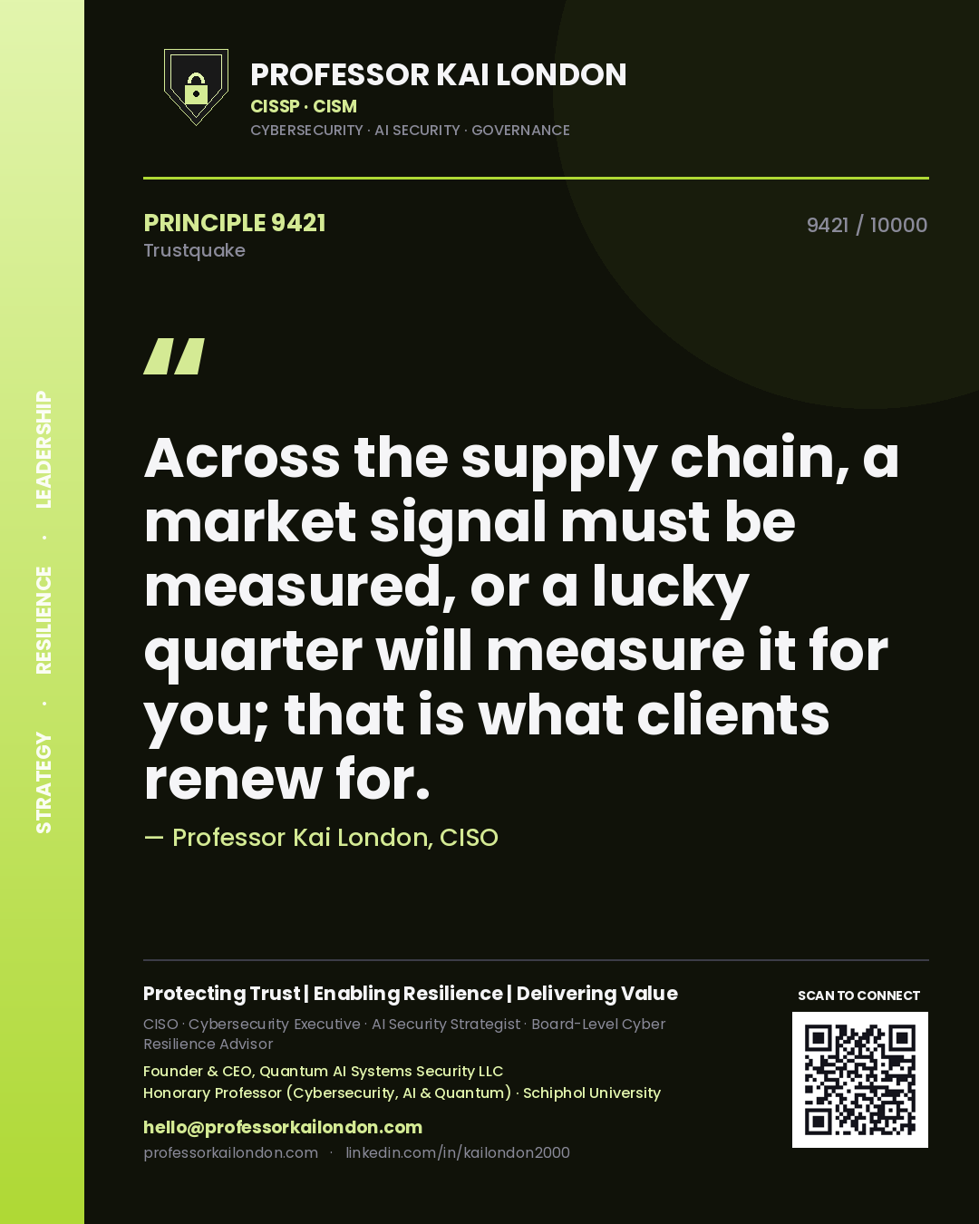 Quote card by Professor Kai London reading 'Across the supply chain, a market signal must be measured, or a lucky quarter will measure it for you; that is what clients renew for.'. From the book Trustquake.