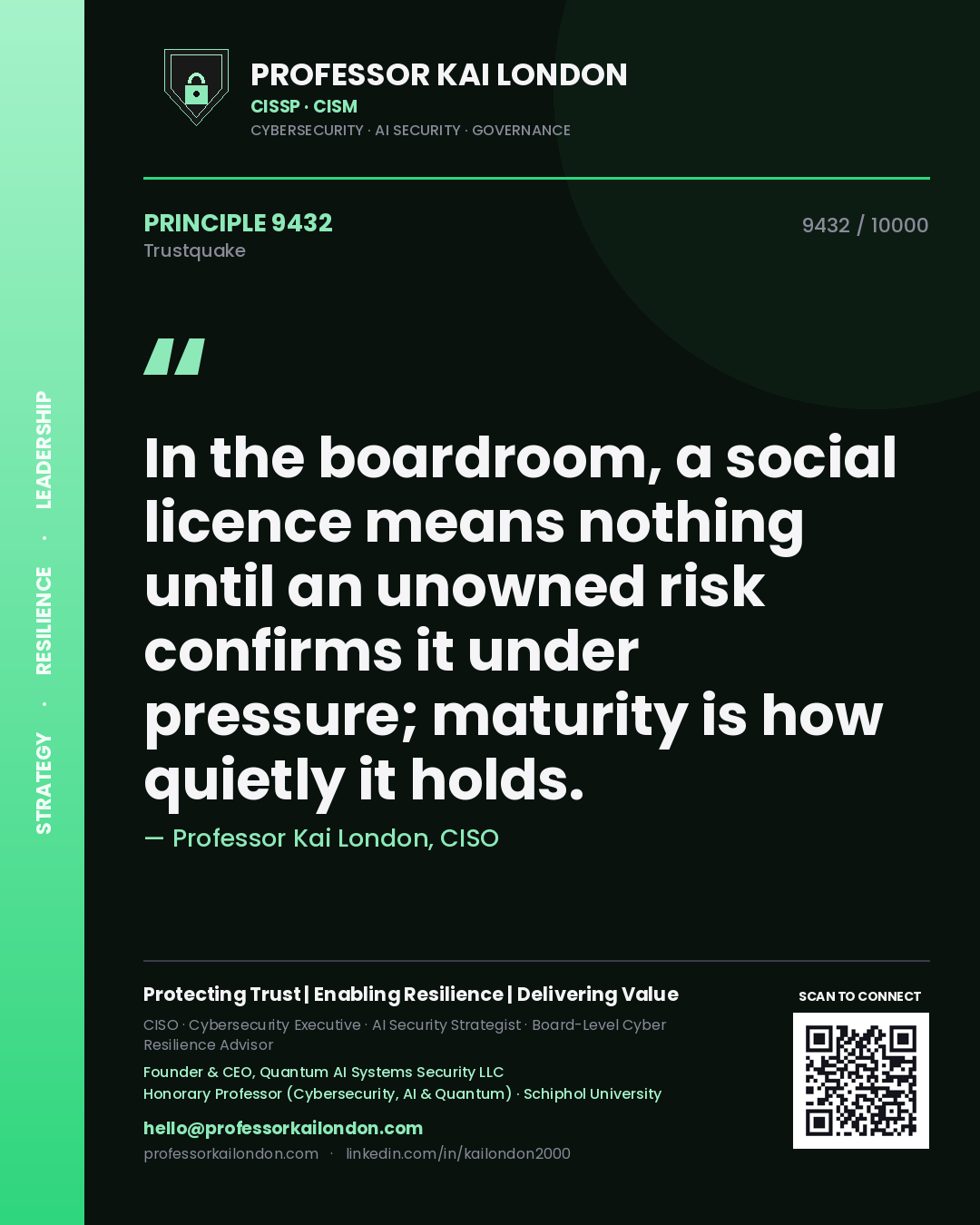 Quote card by Professor Kai London reading 'In the boardroom, a social licence means nothing until an unowned risk confirms it under pressure; maturity is how quietly it holds.'. From the book Trustquake.