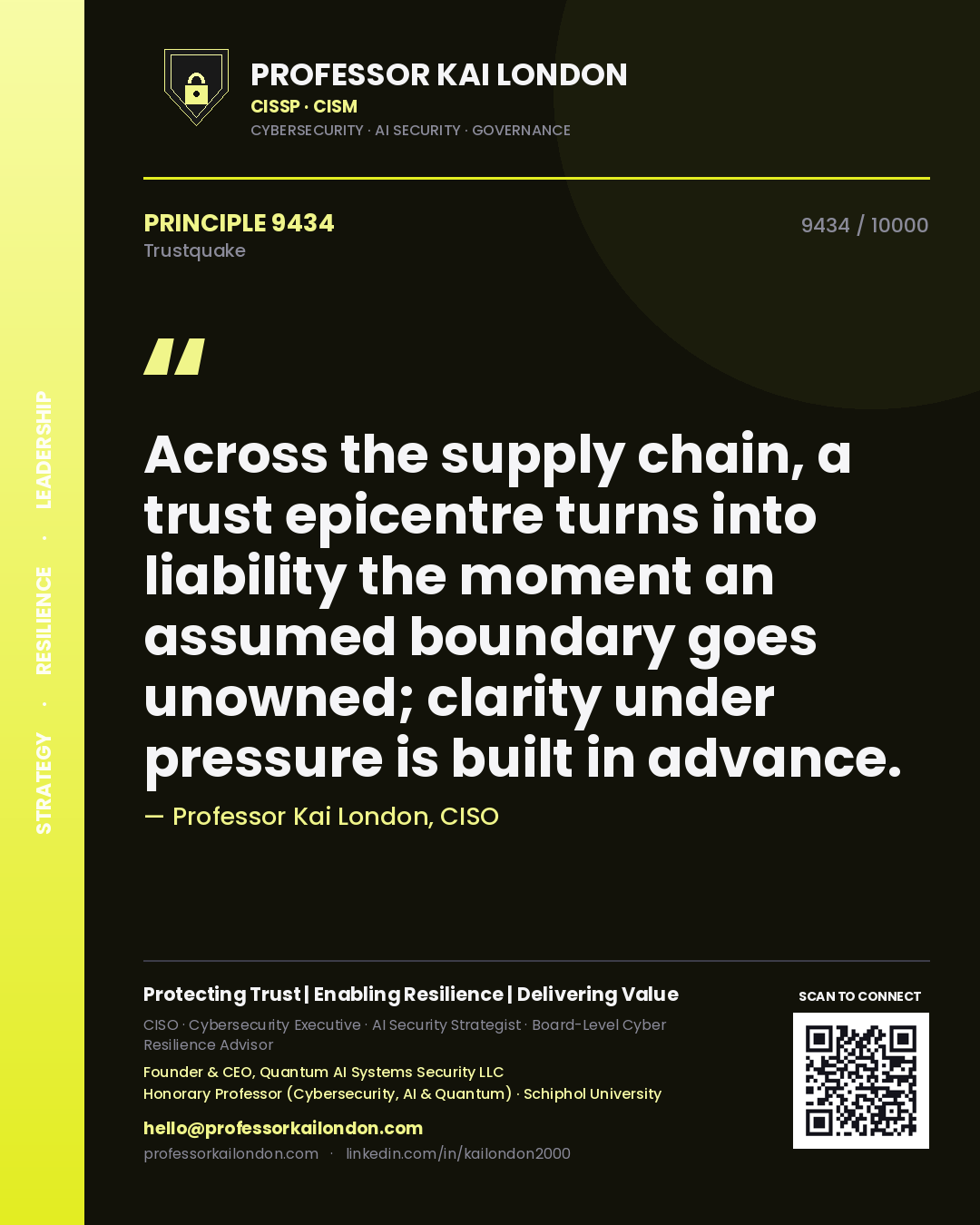 Quote card by Professor Kai London reading 'Across the supply chain, a trust epicentre turns into liability the moment an assumed boundary goes unowned; clarity under pressure is built in advance.'. From the book Trustquake.