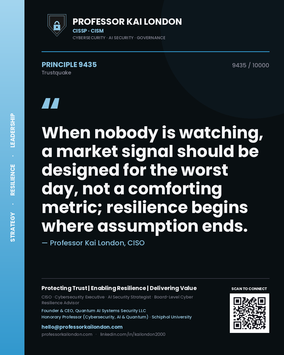 Quote card by Professor Kai London reading 'When nobody is watching, a market signal should be designed for the worst day, not a comforting metric; resilience begins where assumption ends.'. From the book Trustquake.