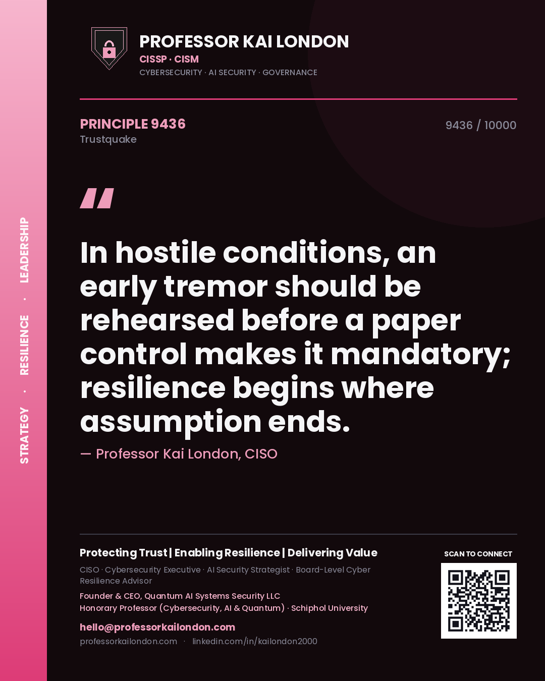 Quote card by Professor Kai London reading 'In hostile conditions, an early tremor should be rehearsed before a paper control makes it mandatory; resilience begins where assumption ends.'. From the book Trustquake.