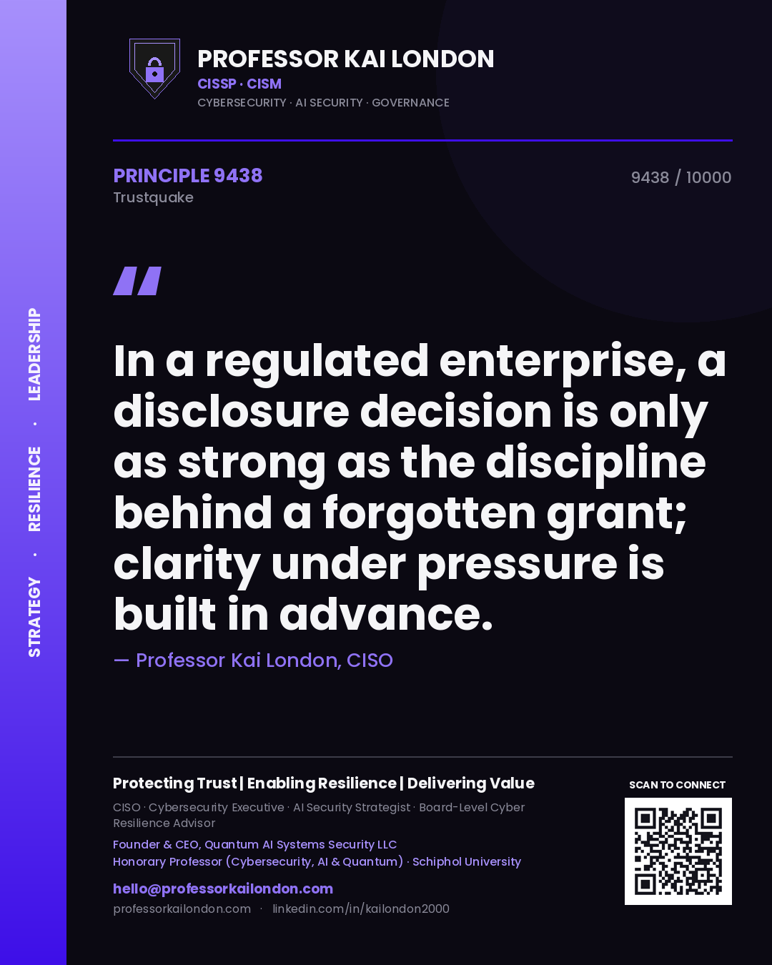 Quote card by Professor Kai London reading 'In a regulated enterprise, a disclosure decision is only as strong as the discipline behind a forgotten grant; clarity under pressure is built in advance.'. From the book Trustquake.