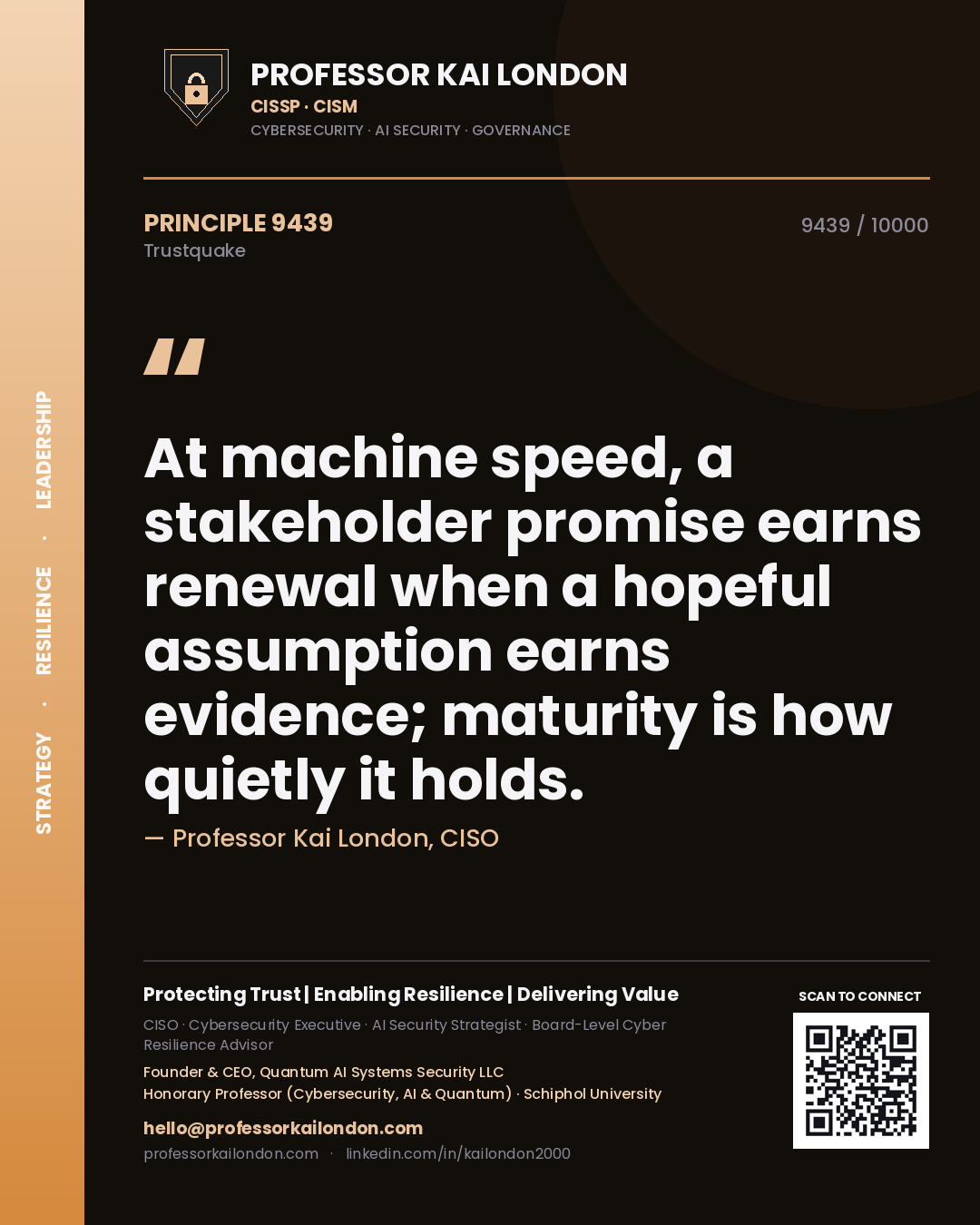 Quote card by Professor Kai London reading 'At machine speed, a stakeholder promise earns renewal when a hopeful assumption earns evidence; maturity is how quietly it holds.'. From the book Trustquake.